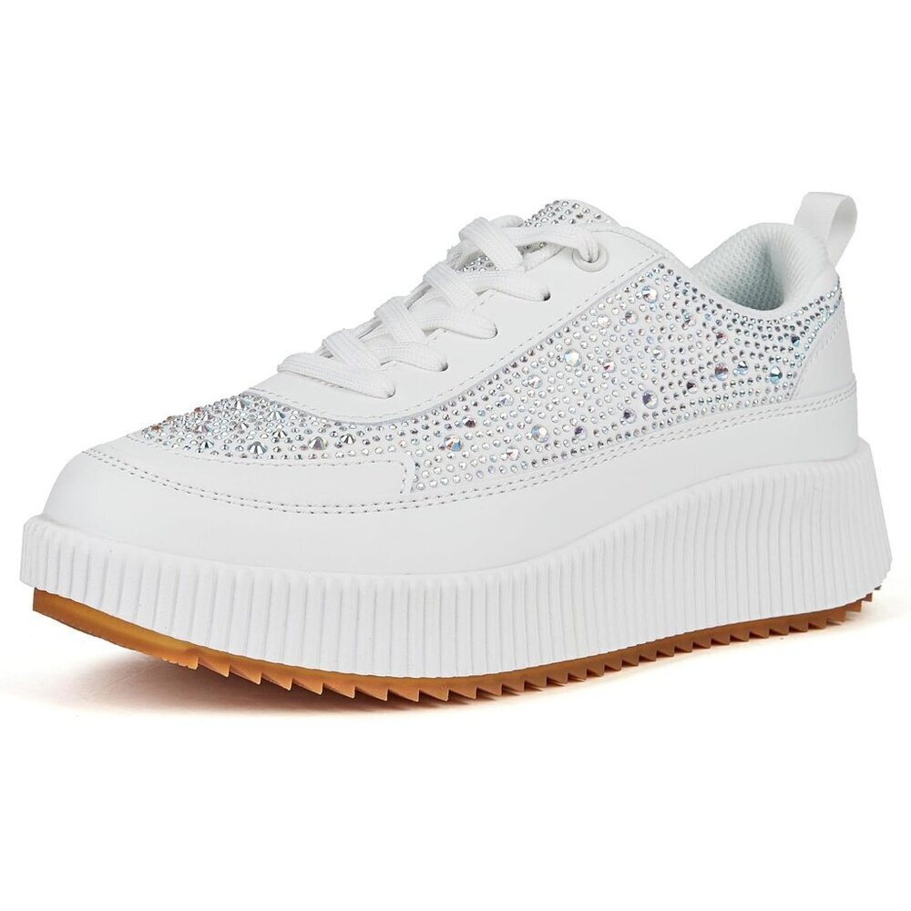 Women's White Platform Rhinestone Fashion Chunky Casual Sparkly Retro Sneakers